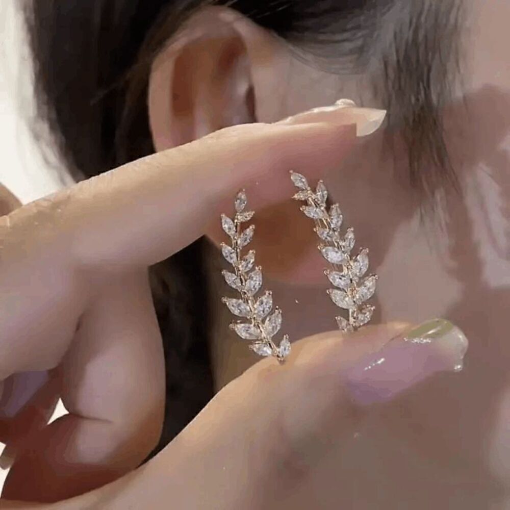 Golden Leaf Diamond Ear Crawler Ear Hugger Earrings